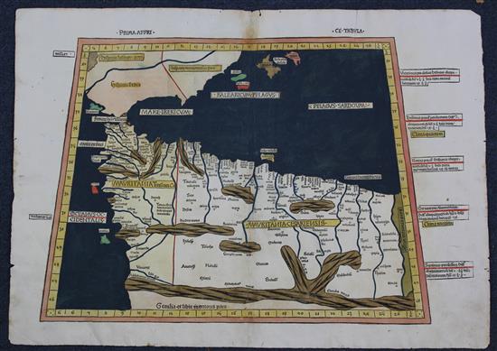 Claudius Ptolemy Prima Affri; Map of Mauritania and The Balearic Islands, 1486, overall 16.25 x 22.75in., unframed